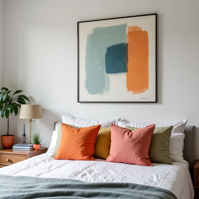 Quarto neutro com almofadas coloridas e obras de arte.