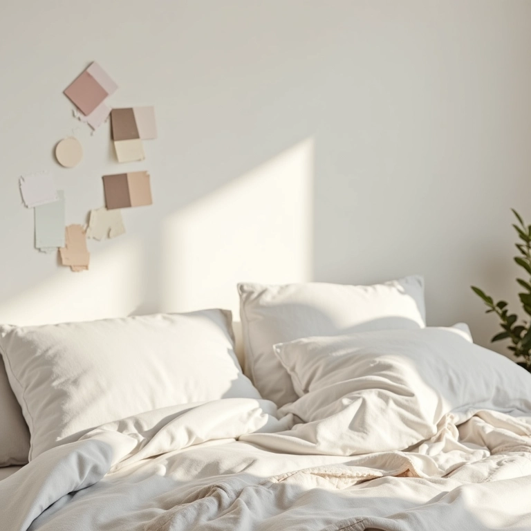 Quarto neutro com amostras de cores e tintas.