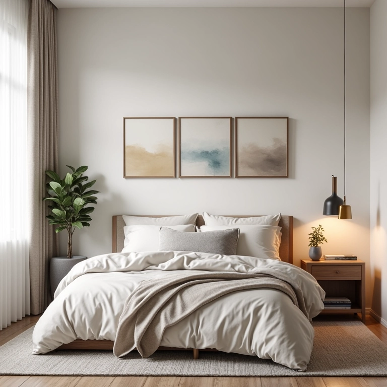 Quarto neutro com decoração intercambiável e diferentes cores de destaque.