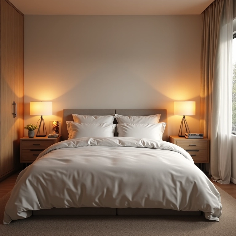 Quarto neutro com iluminação em camadas e luz natural.