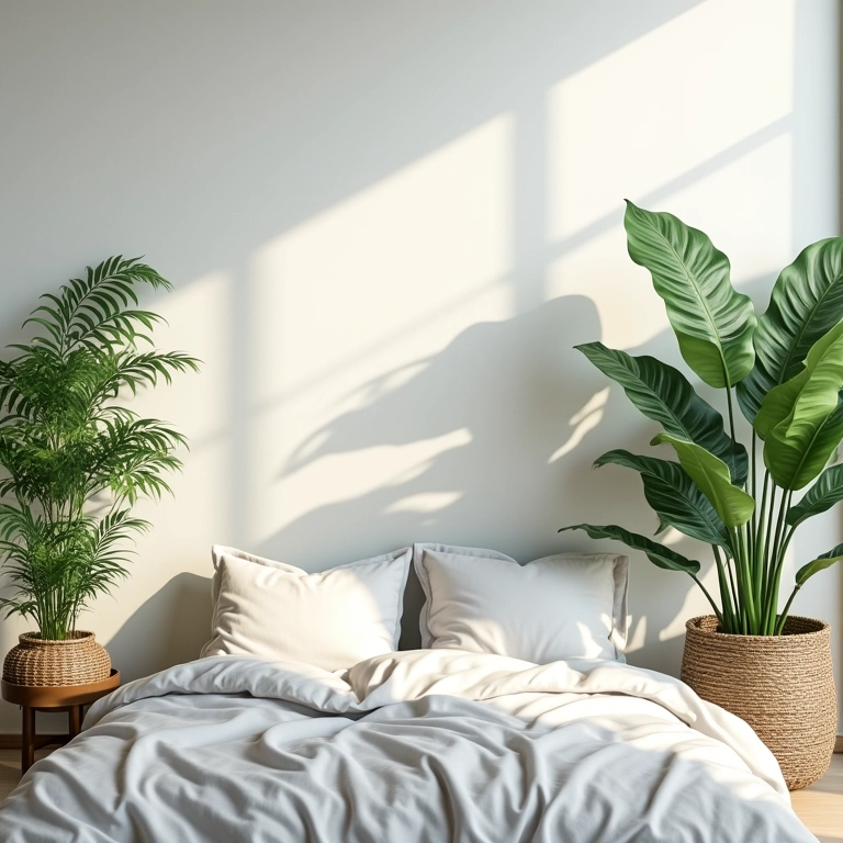 Quarto neutro com plantas em vasos e folhagens.