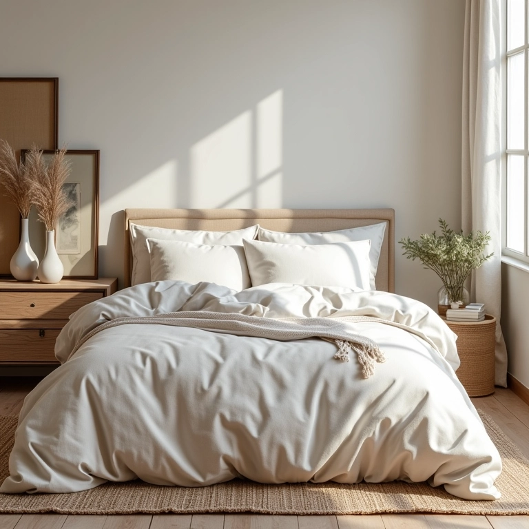Quarto neutro com roupa de cama de linho, móveis de madeira e texturas.