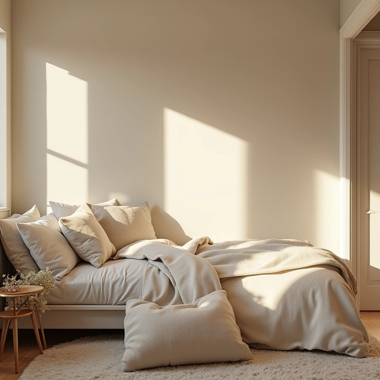 Quarto neutro com texturas suaves, iluminação aconchegante e poltrona confortável.