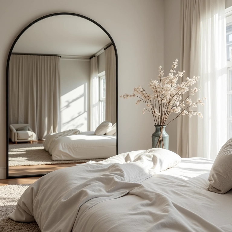Quarto neutro com um espelho grande refletindo o ambiente.