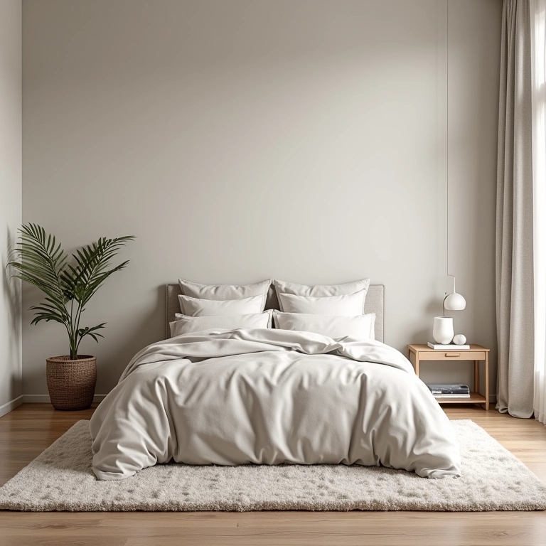 Quarto neutro confortável com tapete macio e roupa de cama aconchegante.
