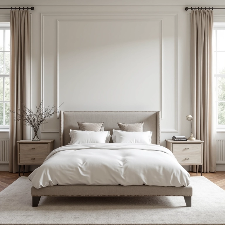 Quarto neutro elegante com móveis clássicos e detalhes sutis.