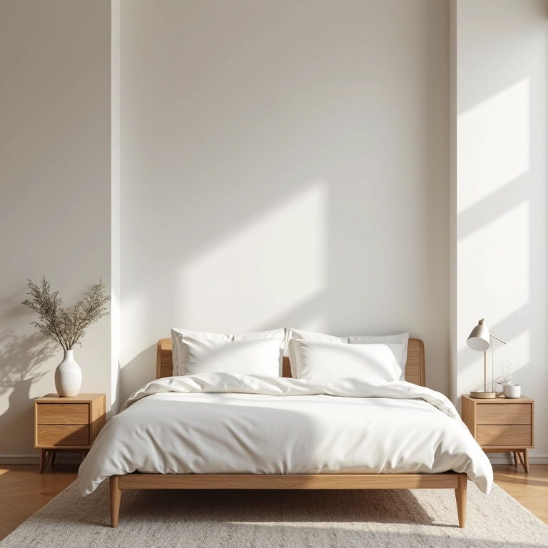 Quarto neutro minimalista com móveis essenciais e linhas retas.