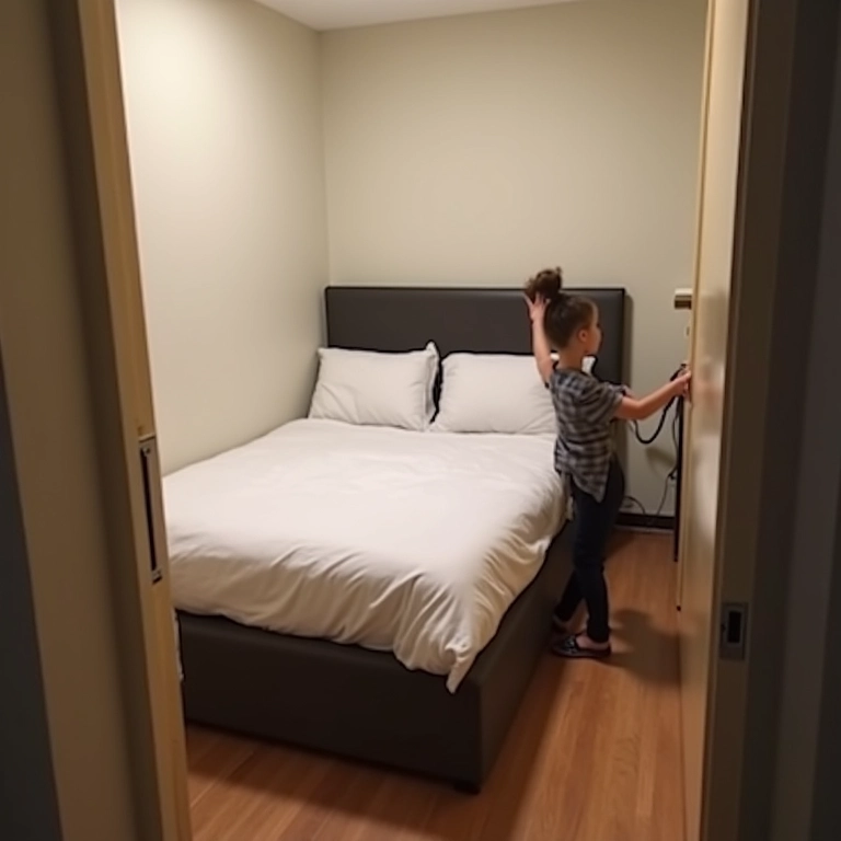 Quarto pequeno com cama box sem cabeceira e pessoa com dificuldade de acesso a tomadas.