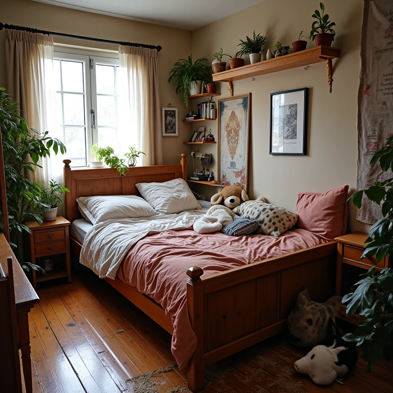 Quarto pequeno com cama tradicional ocupando muito espaço.