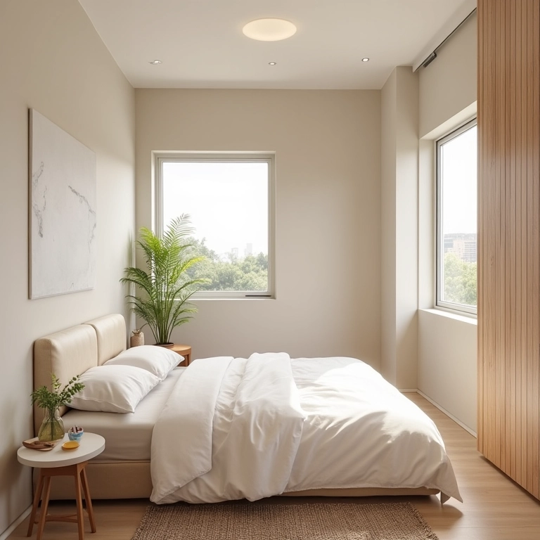 Quarto pequeno com cores claras e iluminação estratégica.