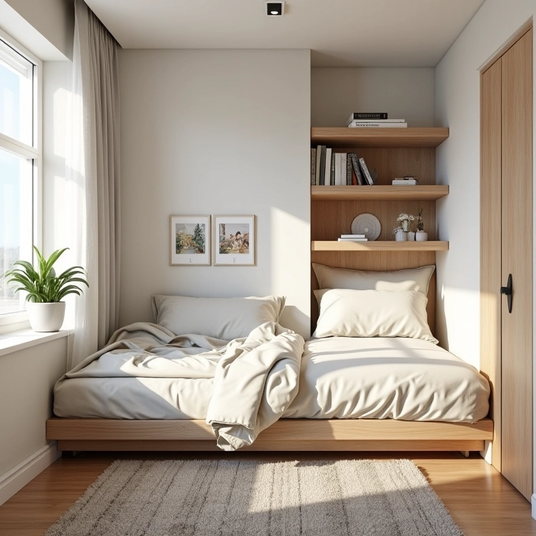 Quarto pequeno com cores claras para ampliar o espaço e soluções de armazenamento inteligentes.