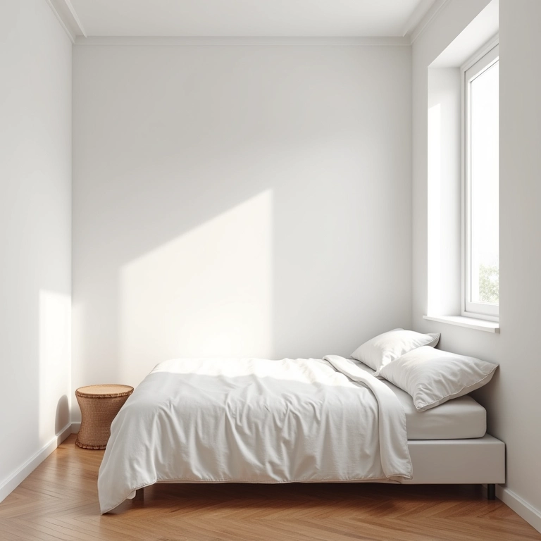 Quarto pequeno com decoração minimalista em branco, luz natural e piso de madeira clara.