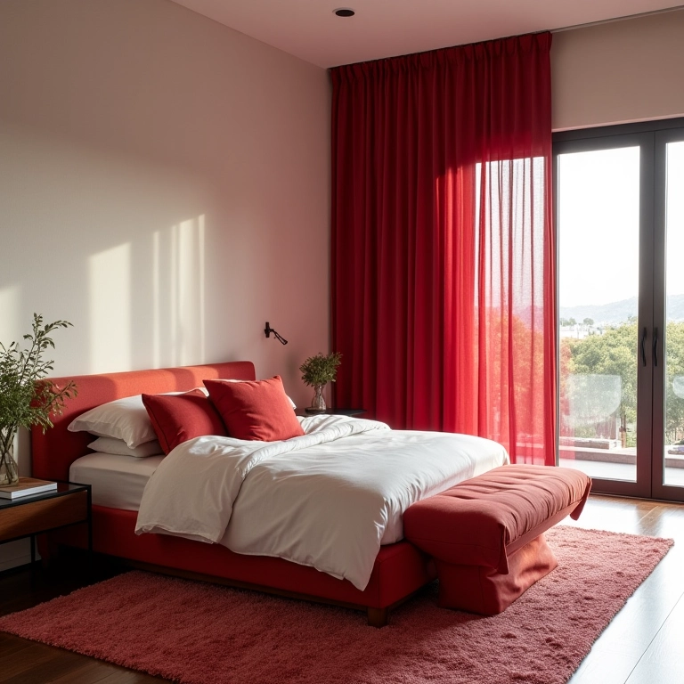 Quarto pequeno com detalhes em vermelho, decoração elegante e paredes neutras.