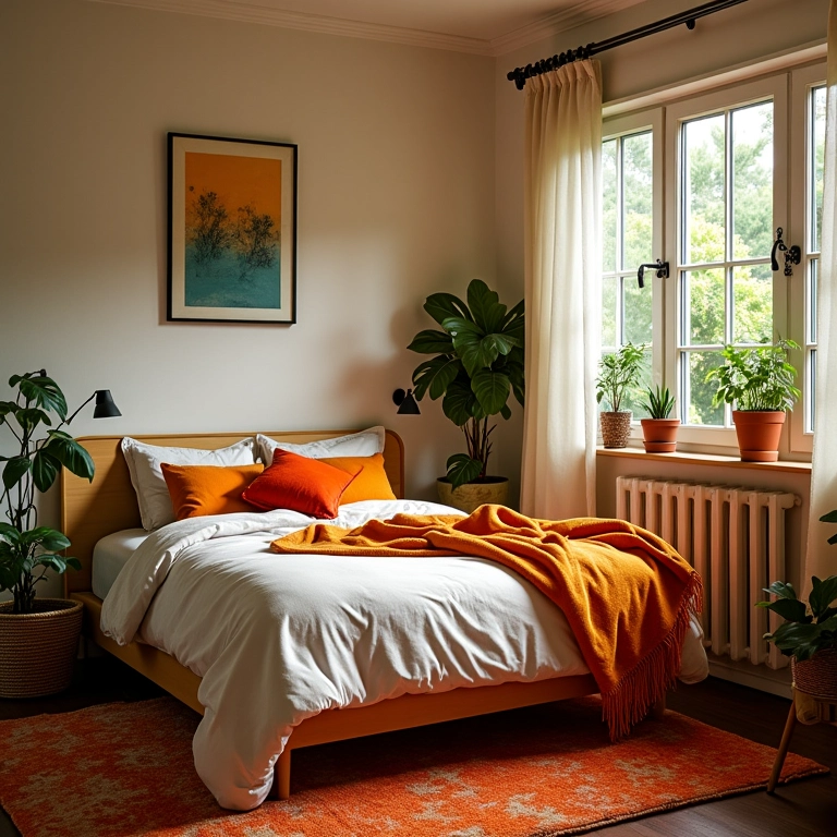 Quarto pequeno decorado com cores vibrantes e otimização de espaço.