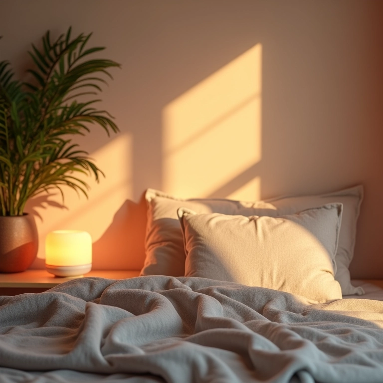 Quarto relaxante com iluminação suave e decoração acolhedora.