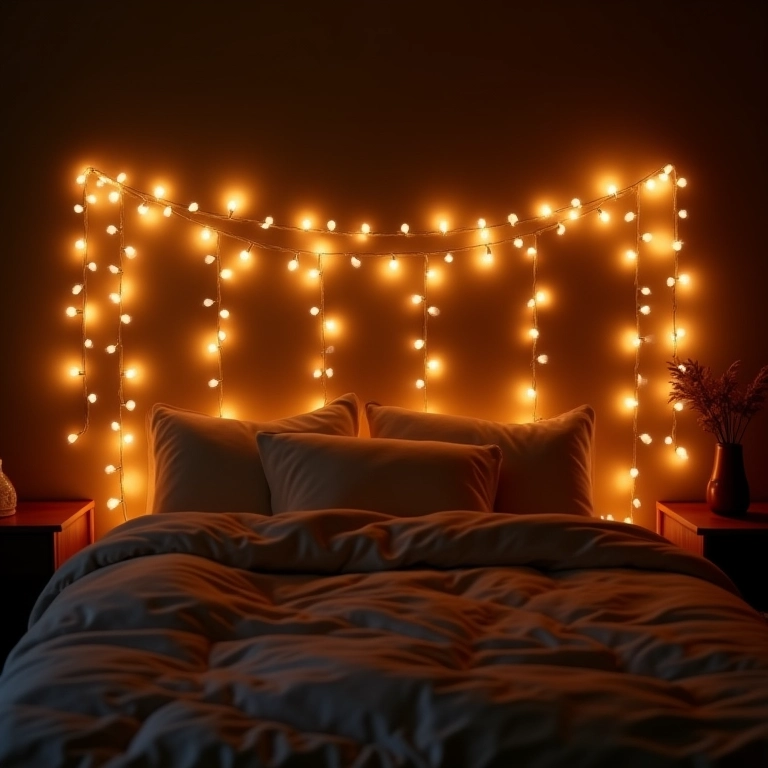 Quarto romântico com cabeceira de luzes.