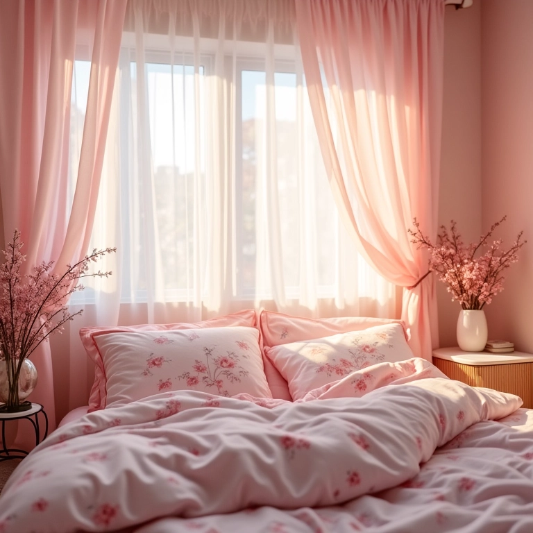 Quarto romântico com cores pastel, flores e iluminação suave.
