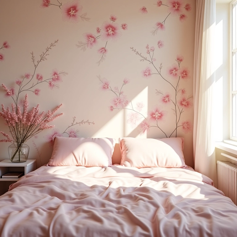 Quarto romântico decorado com papel de parede floral suave.