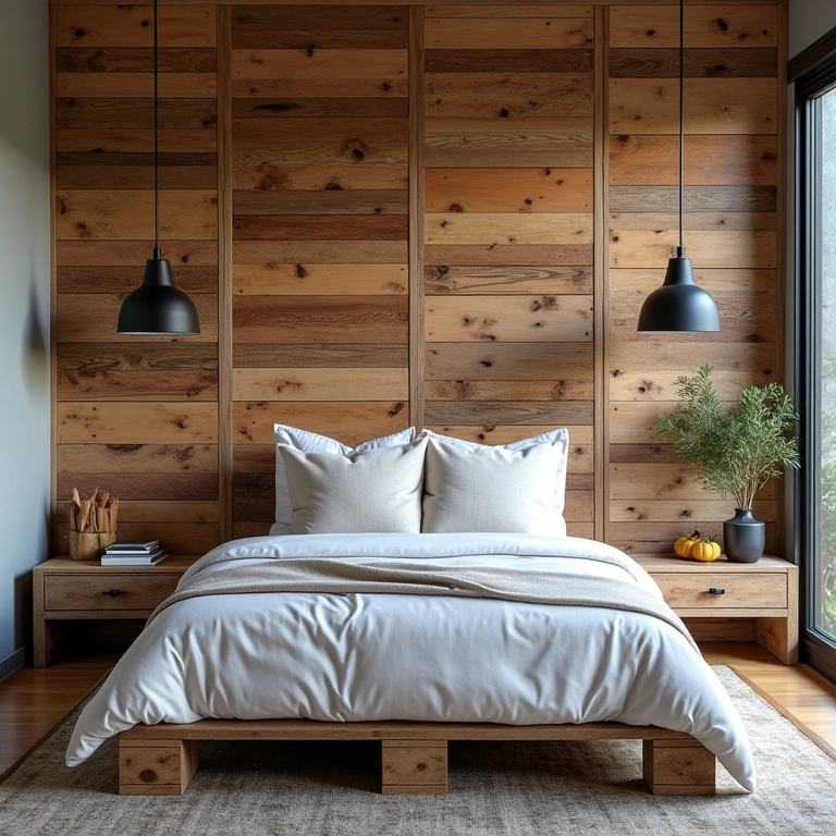 Quarto rústico com cabeceira feita de pallets de madeira.
