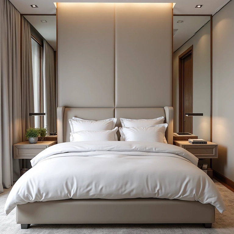 Quarto sofisticado com cabeceira de espelho, ampliando o espaço.