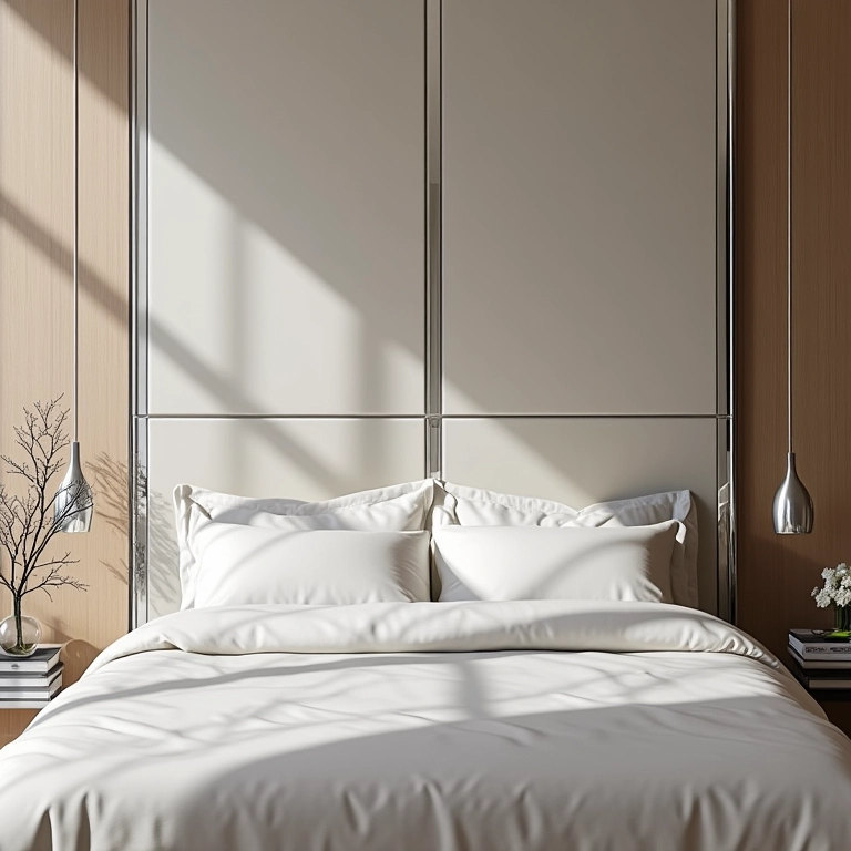 Quarto sofisticado com cabeceira de espelho.
