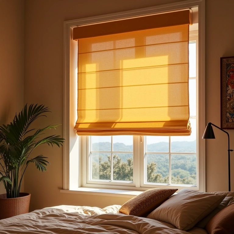 Quarto sofisticado com cortinas romanas e luz aconchegante.