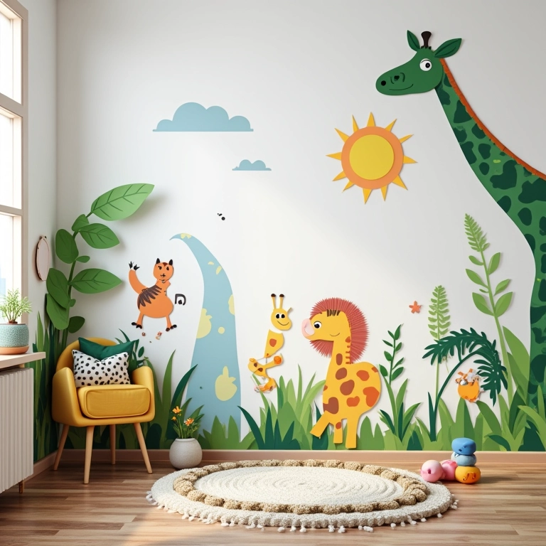 Quarto temático com adesivos de selva, design brasileiro e iluminação natural.