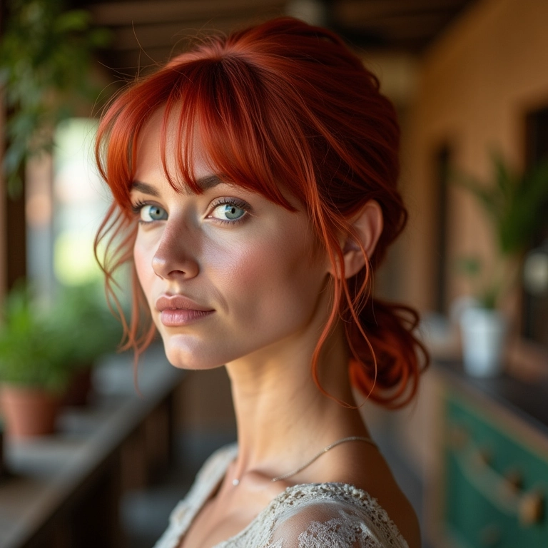 Rabo de cavalo baixo com volume em cabelo curto ruivo, estilo Farm Rio.