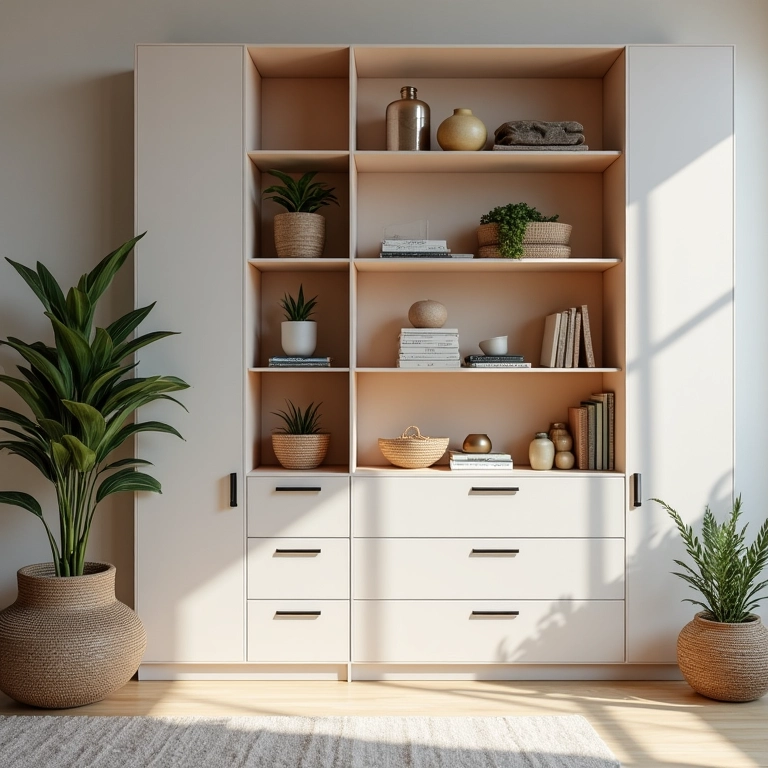 Rack com nichos e gavetas para organização.