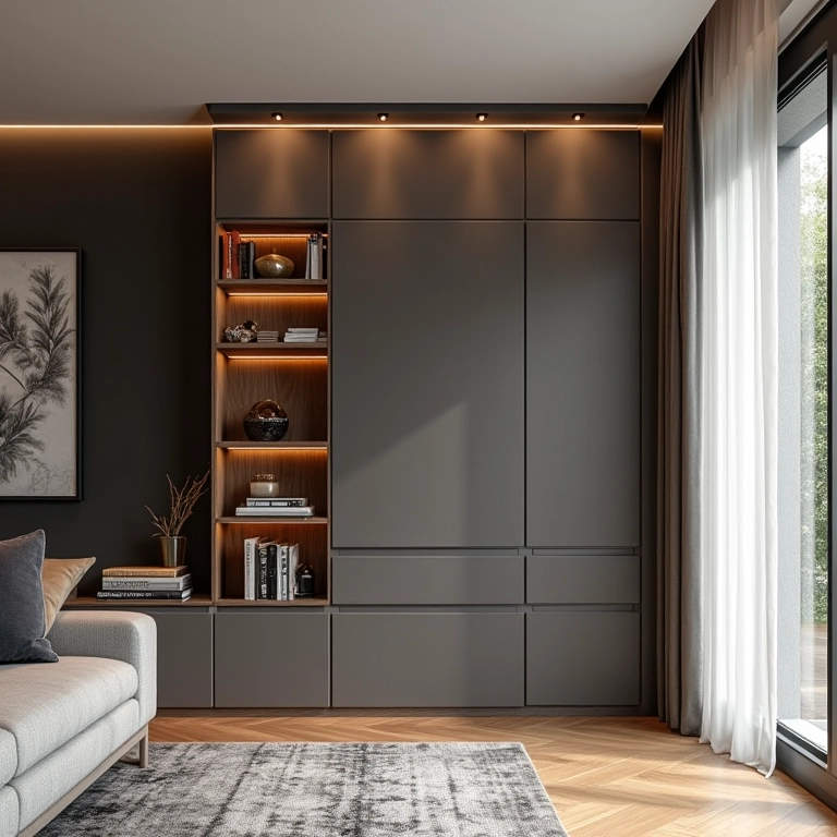 Rack com painel integrando TV e decoração em sala pequena, elegante e organizada.