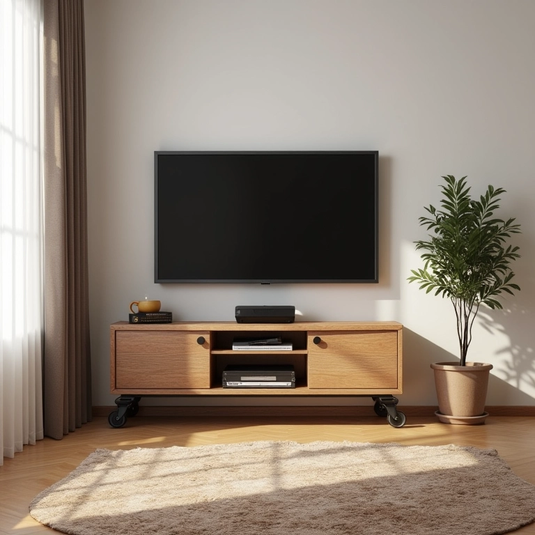 Rack com rodinhas oferecendo flexibilidade em sala pequena com decoração brasileira.