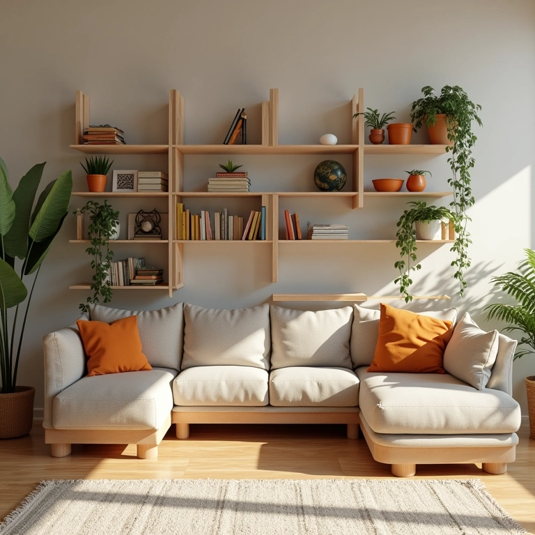 Rack funcional otimizando espaço em sala pequena com decoração brasileira moderna.