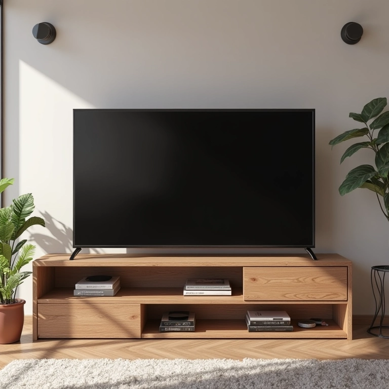 Rack sob medida aproveitando espaço em sala pequena com design personalizado.