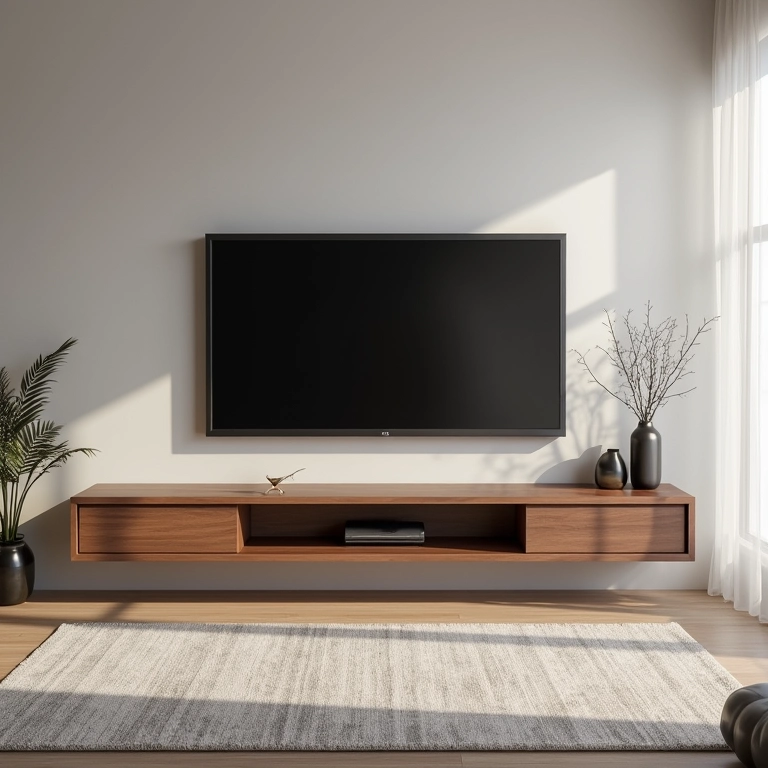 Rack suspenso em sala pequena, otimizando espaço vertical com design minimalista.