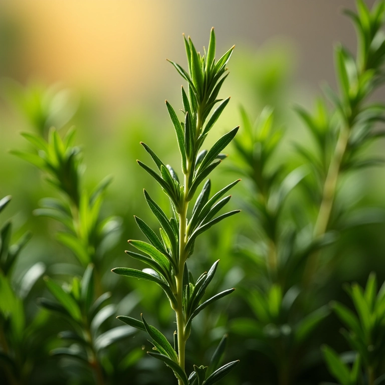 Ramos frescos de alecrim em cozinha vibrante com luz natural.