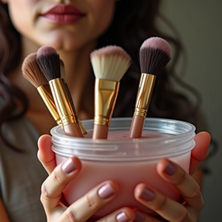 Recipiente pequeno com pincéis de maquiagem de molho para facilitar a limpeza.