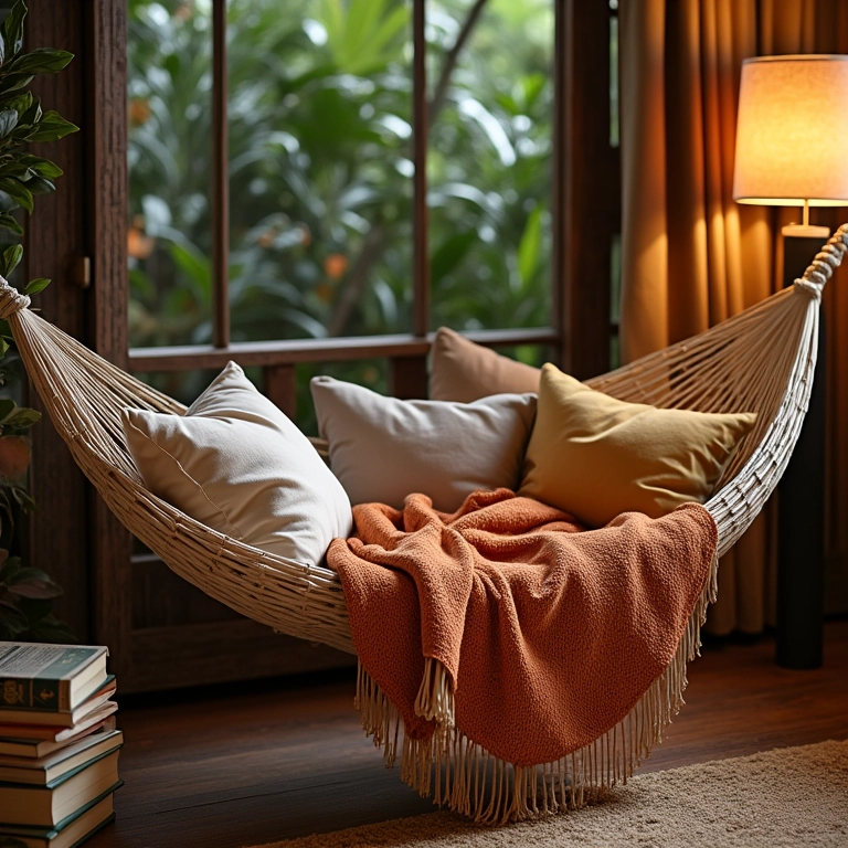Rede aconchegante com almofadas e mantas, livros e luminária para um cantinho de leitura relaxante.