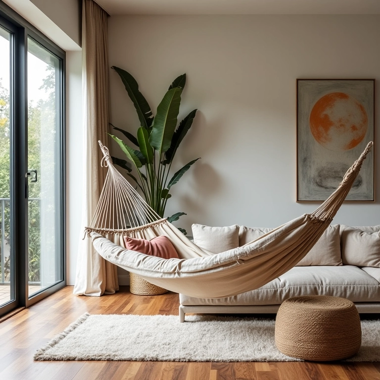 Rede dividindo um ambiente de sala de estar, criando separação visual com decoração estilosa.