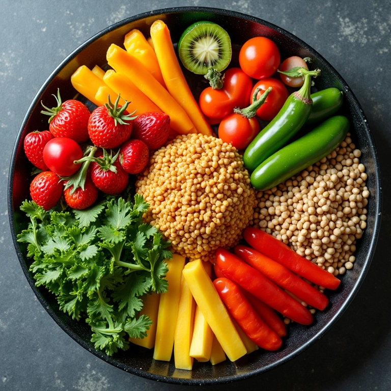 Refeição colorida e equilibrada com frutas, vegetais e grãos.