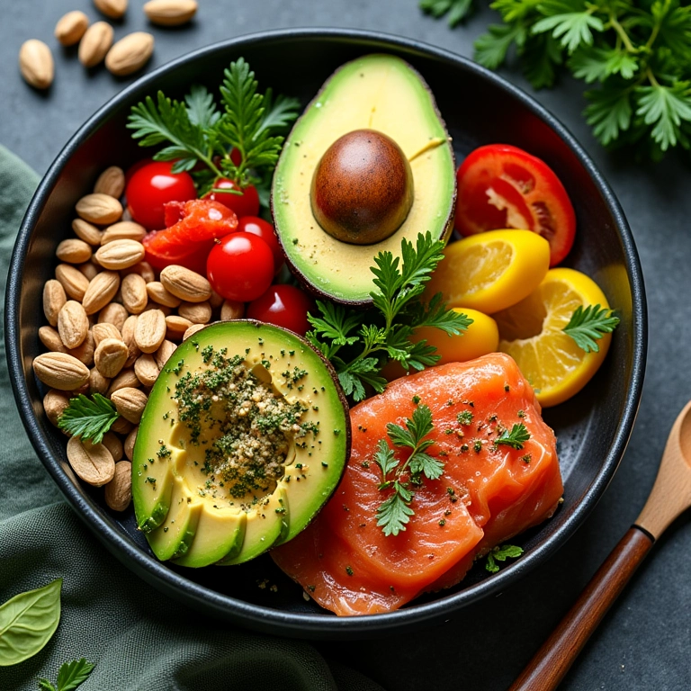 Refeição colorida e saudável com ingredientes nutritivos para o cabelo.