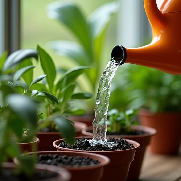 Rega de plantas em vasos, com foco no sistema de drenagem, em ambiente iluminado.