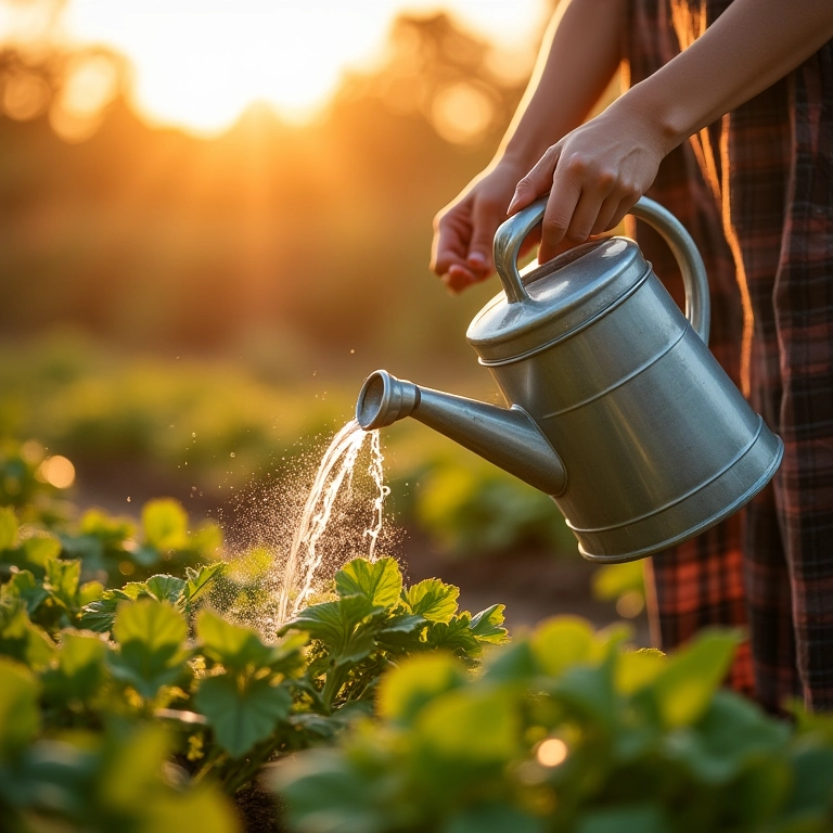Regando a horta caseira com cuidado.