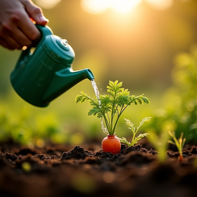 Regando as mudas de cenoura com um regador.