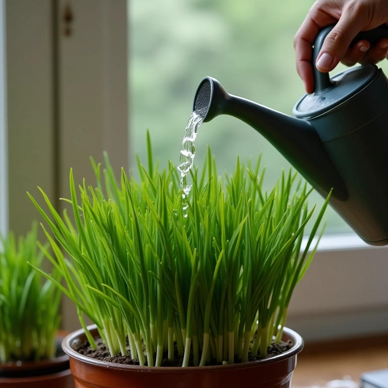 Regando cebolinha com regador, cuidado com as folhas.