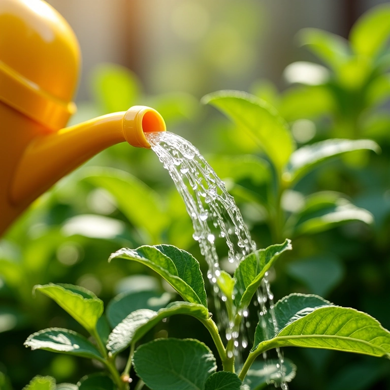 Regando erva-cidreira em um jardim caseiro.