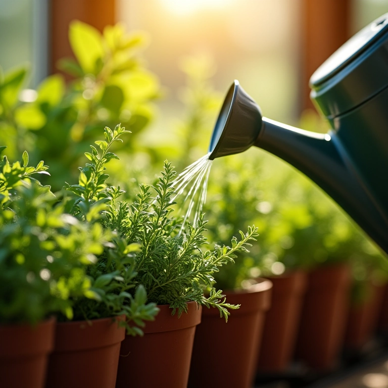 Regando ervas em vasos (orégano, tomilho) com regador, luz solar filtrando pelas folhas.