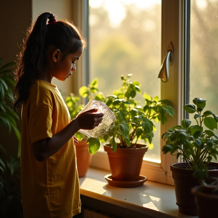 Regando o manjericão limão sob o sol.
