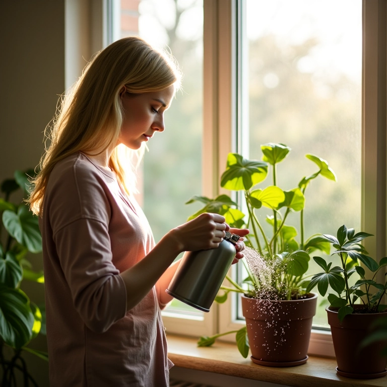 Regando planta de gengibre em vaso sob a luz do sol.