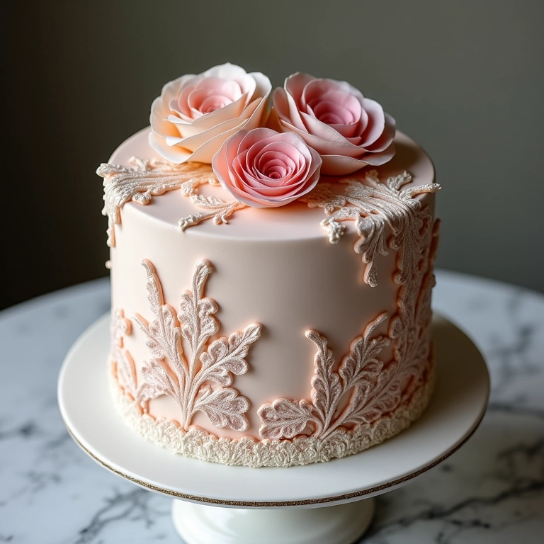 Rendas e bordados comestíveis em bolo vintage.