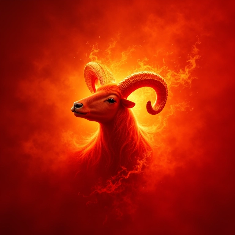 Representação vibrante do signo de Áries com fundo flamejante e cores fortes.